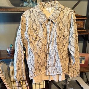 She + Sky Beige Snake Print Jean Jacket
